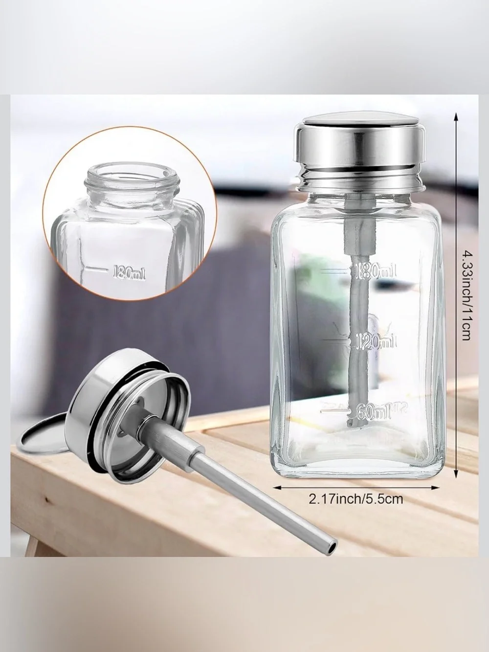 Clear Glass Pump Dispenser Bottle with Stainless Steel Pump and Cap -